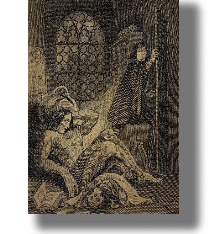 Gothic illustration of Frankenstein’s monster awakening as Victor looks back in horror beside a large window