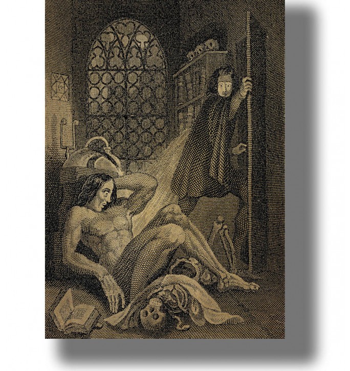Gothic illustration of Frankenstein’s monster awakening as Victor looks back in horror beside a large window