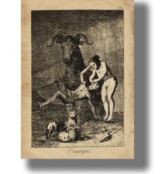 Francisco Goya etching from Los Caprichos with witches, a goat figure, and a strange ritual scene.
