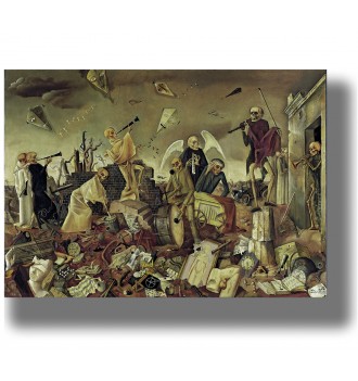 Dark painting showing skeleton musicians among ruins in a modern Dance of Death scene.