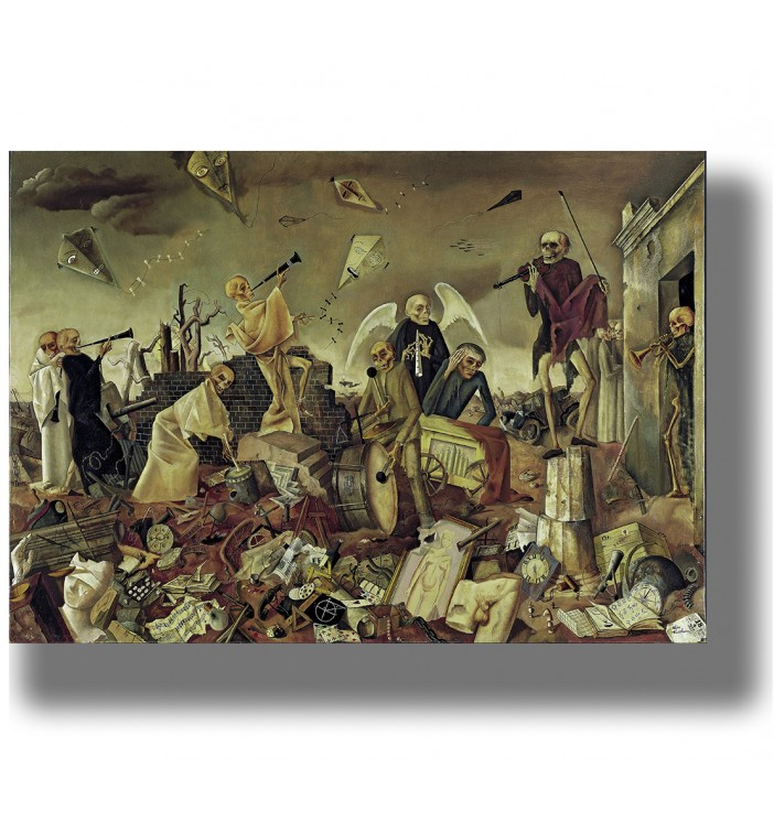 Dark painting showing skeleton musicians among ruins in a modern Dance of Death scene.