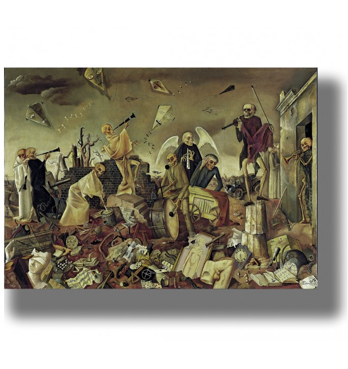 Dark painting showing skeleton musicians among ruins in a modern Dance of Death scene.