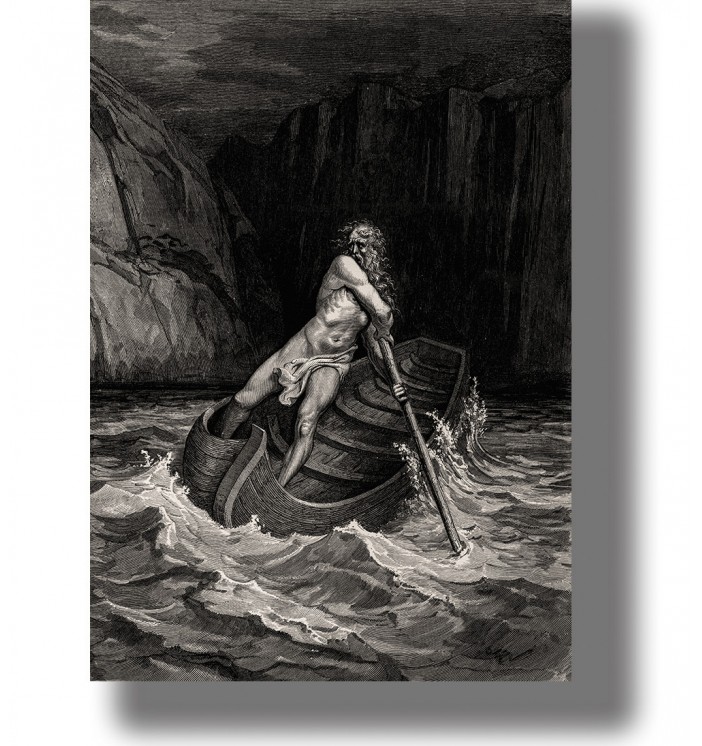 Black and white illustration of Charon rowing his boat across the River Acheron in the underworld.