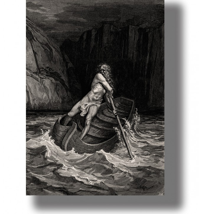 Black and white illustration of Charon rowing his boat across the River Acheron in the underworld.
