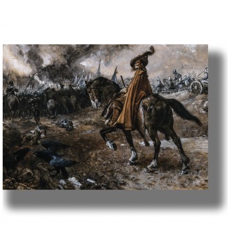 Painting of skeletal Death dressed as a general riding a horse across a battlefield with soldiers and fallen bodies.