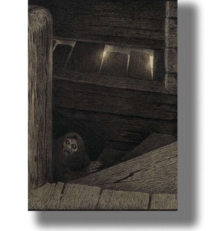 Dark illustration of Pesta on a wooden staircase, painting by Theodor Kittelsen.