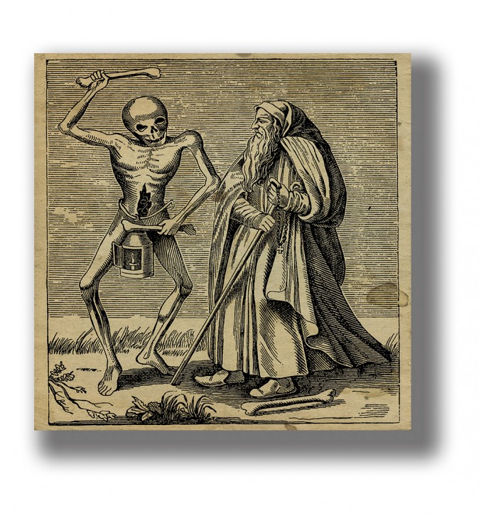 Old illustration showing skeletal Death raising a bone beside an elderly hermit with a staff.
