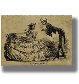 Victorian macabre illustration of two skeletons dressed as a lady and a gentleman.
