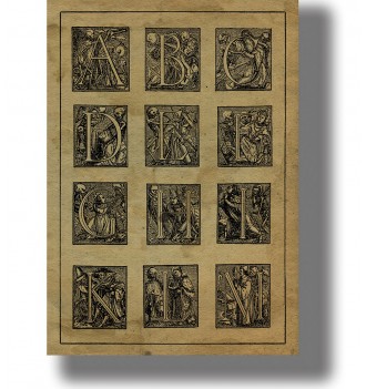 Old woodcut alphabet with decorated letters showing skeletons and Dance of Death scenes.