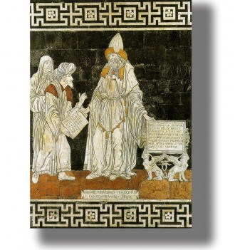 Renaissance panel showing Hermes Trismegistus between two figures, holding a book beside a Latin inscription