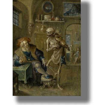 Baroque painting showing skeletal Death playing a violin beside a wealthy old man with money on the table.