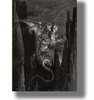 Dark engraving from Dante’s Inferno showing Geryon flying through the abyss with two figures on his back.