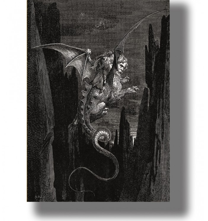 Dark engraving from Dante’s Inferno showing Geryon flying through the abyss with two figures on his back.