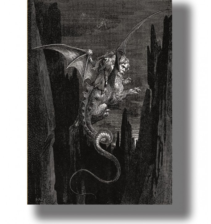 Dark engraving from Dante’s Inferno showing Geryon flying through the abyss with two figures on his back.
