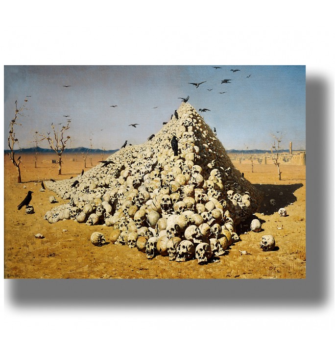 Painting of a huge pyramid of human skulls in a barren landscape with black birds flying overhead.