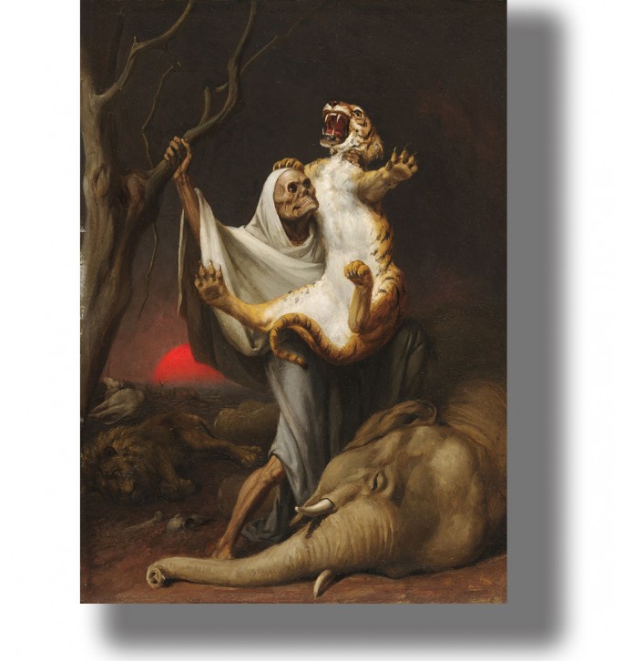 A dark Victorian painting of a skeletal figure carrying a tiger, with dead animals on the ground and a red sunset .