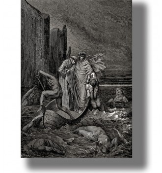 Gustave Doré illustration showing Dante and Virgil crossing the Styx while damned souls struggle in the dark water.