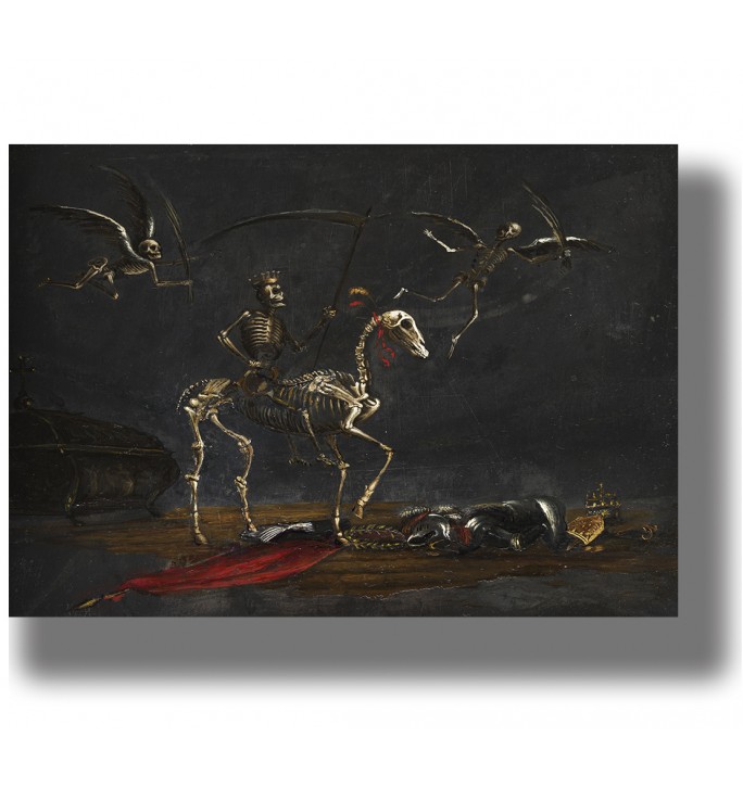 Dark painting showing a skeletal Death riding a skeleton horse while winged skeletons fly above with scythes.
