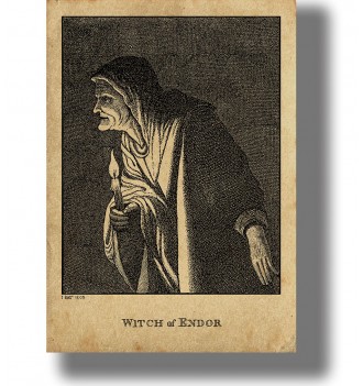 Old illustration of the Witch of Endor holding a candle in a dark hooded robe.