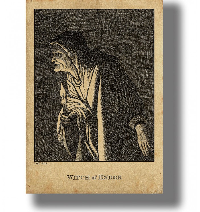 Old illustration of the Witch of Endor holding a candle in a dark hooded robe.
