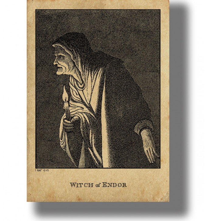 Old illustration of the Witch of Endor holding a candle in a dark hooded robe.
