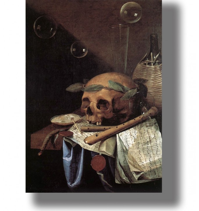 Vanitas still life with a human skull, floating soap bubbles, musical instruments, sheet music, and other symbolic objects.