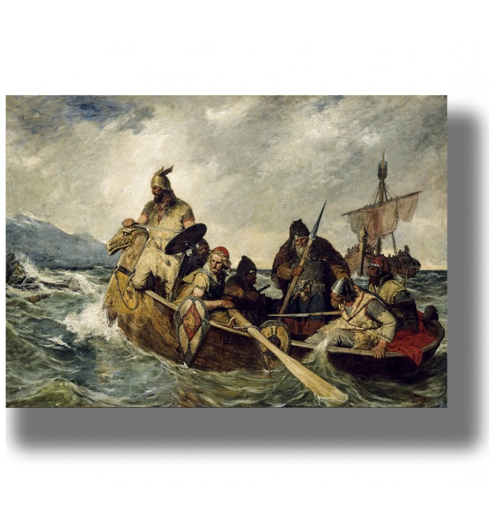 Norse explorers in a boat on rough sea during the discovery of Iceland, painting by Oscar Wergeland.