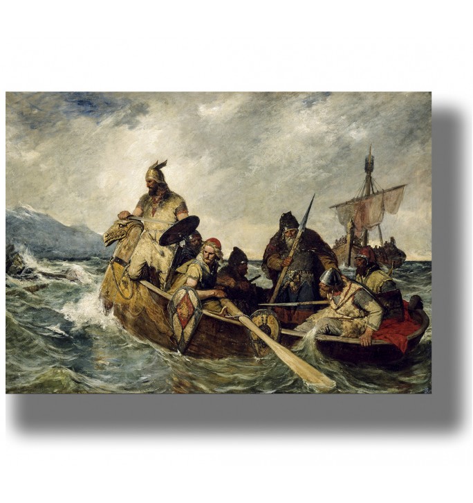 Norse explorers in a boat on rough sea during the discovery of Iceland, painting by Oscar Wergeland.