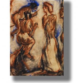 Expressionist painting of witches flying on brooms toward the sabbath in warm red and blue tones.