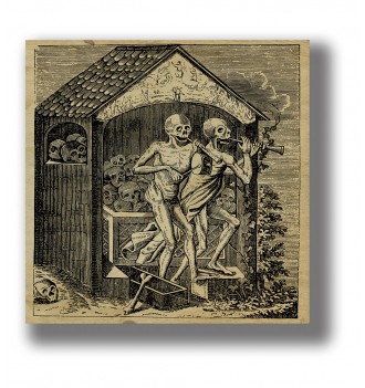 Old illustration showing two skeletons playing flutes beside an ossuary filled with human bones.