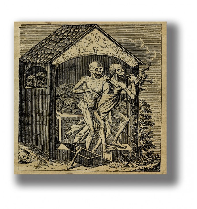 Old illustration showing two skeletons playing flutes beside an ossuary filled with human bones.