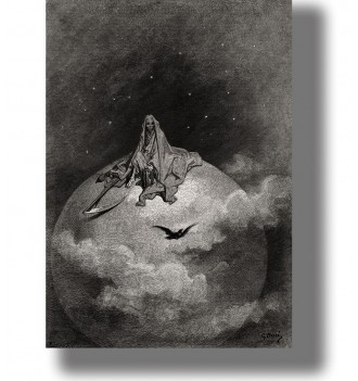 Gustave Doré illustration showing the Grim Reaper with a scythe sitting above the world while a raven flies below.