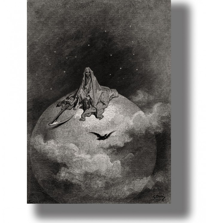 Gustave Doré illustration showing the Grim Reaper with a scythe sitting above the world while a raven flies below.