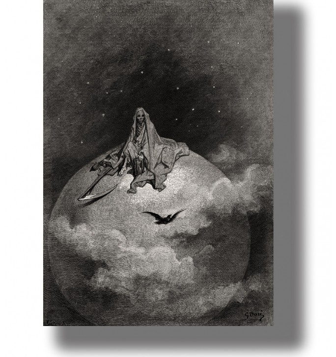 Gustave Doré illustration showing the Grim Reaper with a scythe sitting above the world while a raven flies below.