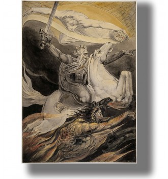 Death riding a pale horse with a raised sword, surrounded by dramatic figures in an apocalyptic biblical scene.