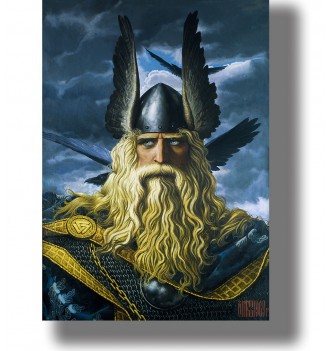 Scandinavian god Odin with ravens and a winged helmet in a fantasy-style painting.