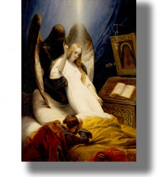 Painting of a dying young woman supported by a dark winged Angel of Death beside her bed.