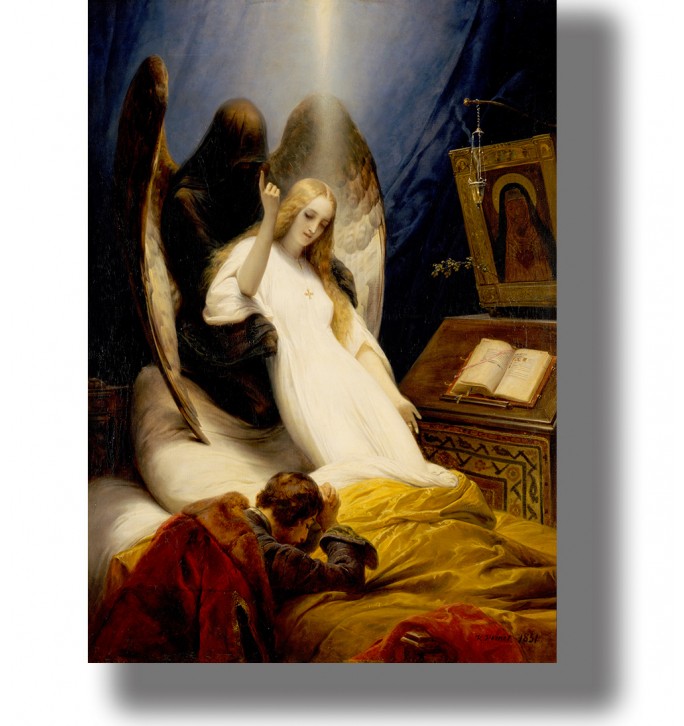 Painting of a dying young woman supported by a dark winged Angel of Death beside her bed.
