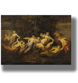 Woodland fairies in flowing robes gathered beneath trees in a dreamlike scene.