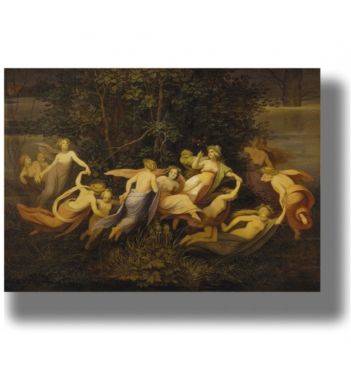 Woodland fairies in flowing robes gathered beneath trees in a dreamlike scene.