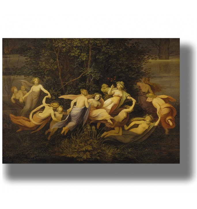 Woodland fairies in flowing robes gathered beneath trees in a dreamlike scene.