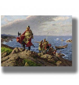 Leif Erikson and Viking explorers landing on a rocky coast, painting by Hans Dahl.