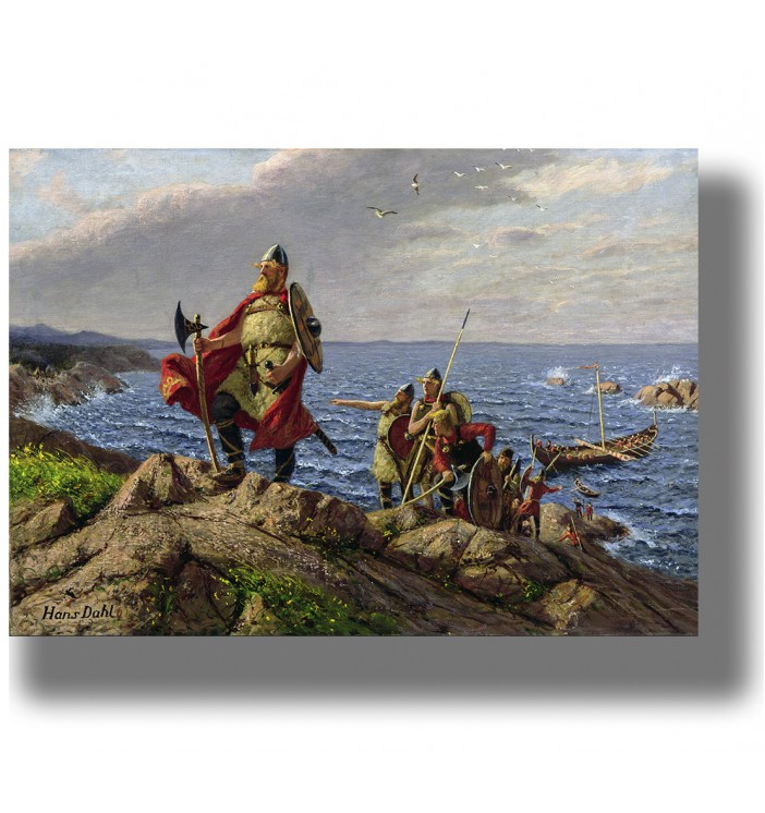 Leif Erikson and Viking explorers landing on a rocky coast, painting by Hans Dahl.
