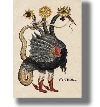 Vintage illustration of Typhon as a strange winged monster with serpent tails, human legs and several heads
