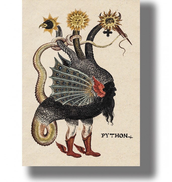 Vintage illustration of Typhon as a strange winged monster with serpent tails, human legs and several heads