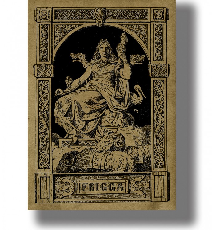 Freya seated on a throne with animals in an old Norse illustration on aged paper.