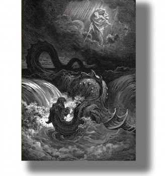 Black and white engraving showing God above stormy waters striking the sea monster Leviathan.
