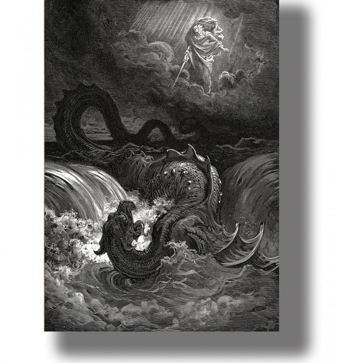 Black and white engraving showing God above stormy waters striking the sea monster Leviathan.
