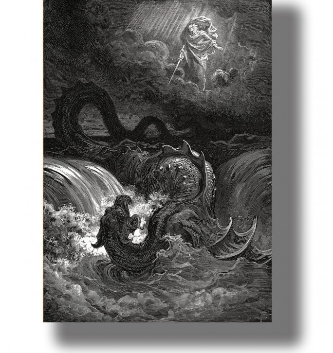 Black and white engraving showing God above stormy waters striking the sea monster Leviathan.