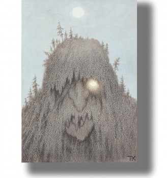 Mythical forest troll hidden in a mountain under the moon, illustration by Theodor Kittelsen.